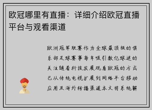 欧冠哪里有直播：详细介绍欧冠直播平台与观看渠道